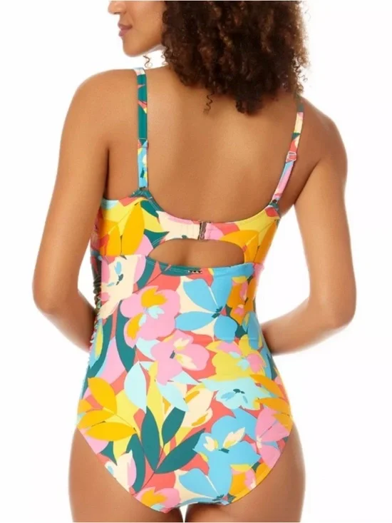 Anne Cole Pink Floral One Piece with Aqua & Yellow Accents Size 1 - Picture 2 of 5